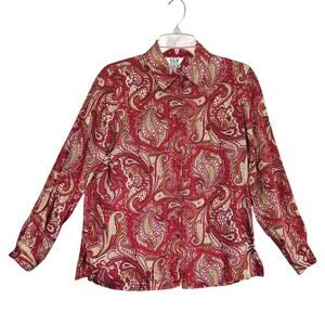 Vtg 80s SLB Women's S Petite 100% Silk Red Paisley Button Up Blouse Retro Career